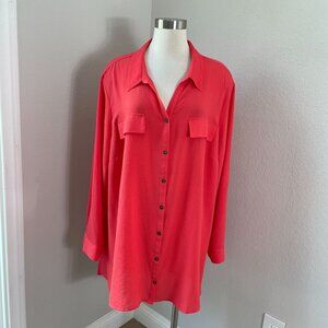 Catherines Womens Plus 2X Coral Button Up Blouse Roll Tab‎ Sleeve Pocket Shirt